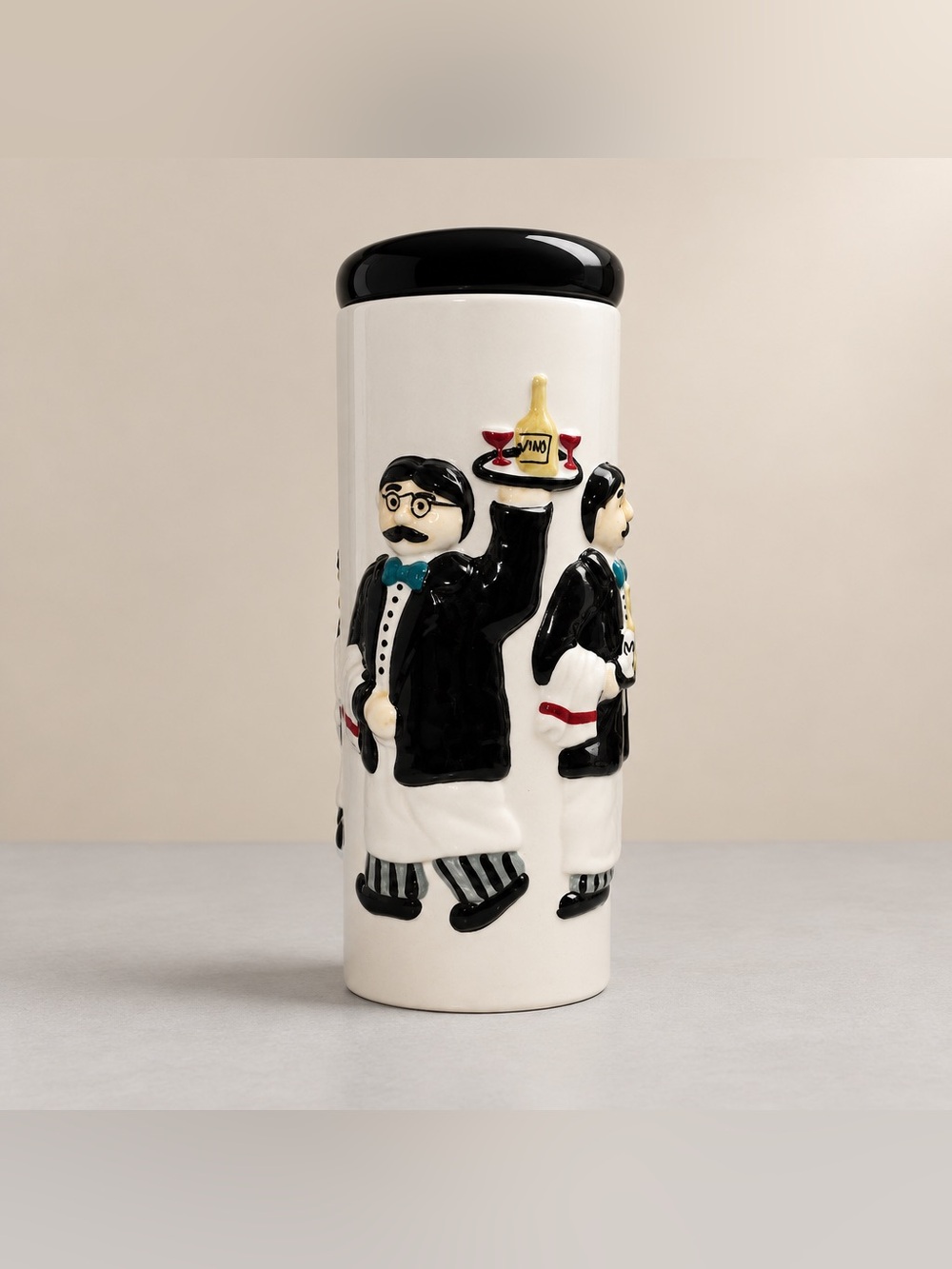 Houston Harvest Bistro Waiter Ceramic Pasta Canister featuring raised waiters